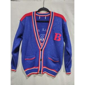 Bugle Boy American Classic Varsity V-Neck Button Up‎ Cardigan Sweater Blue Red